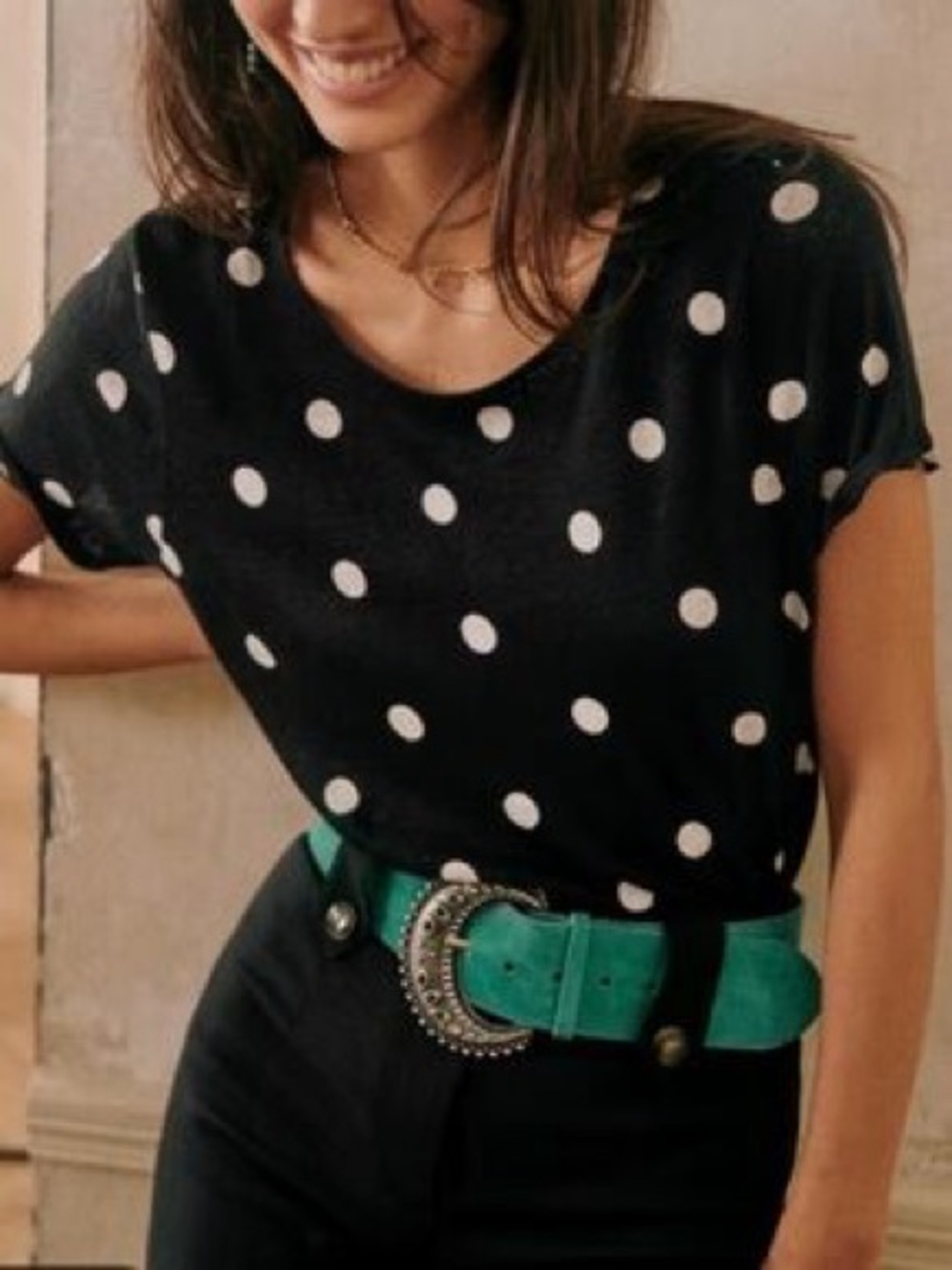 Sezane Black Polka Dot Linen Tee Size M